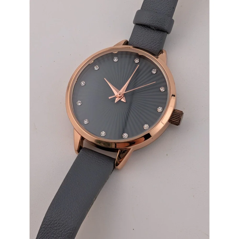 Time & Tru Watch Women Crystal Accents 30mm Rose Gold‎ Case Gray Band- Working